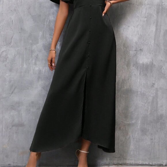 Black Preppy Womens Plunging Neck Butterfly Sleeve Split Thigh Satin Dress - Picture 5 of 5